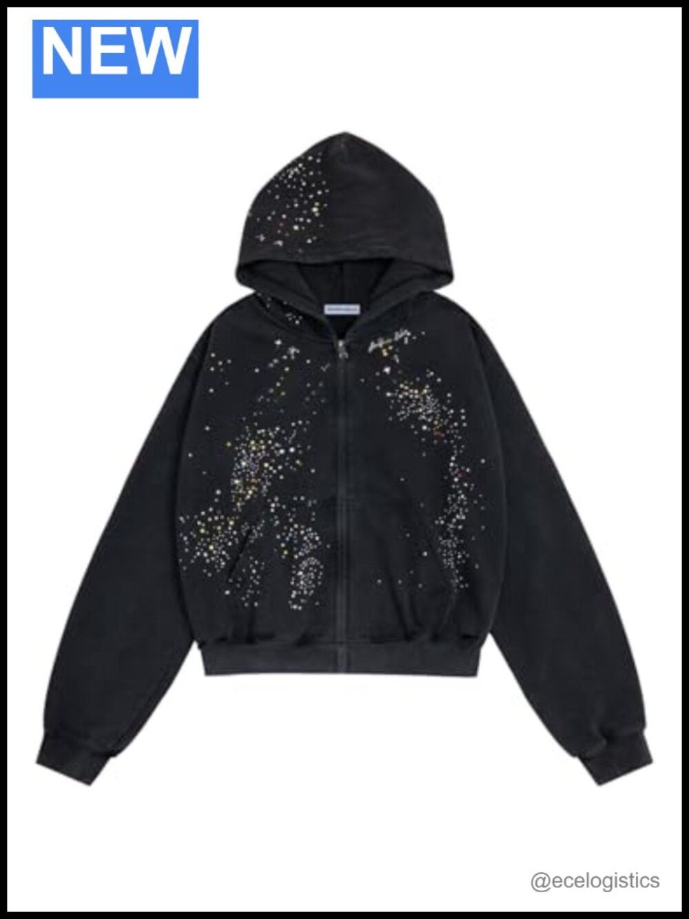 Unisex Rhinestone Star Zip Up Hoodie Cotton Streetwear Y2K Sweatshirt